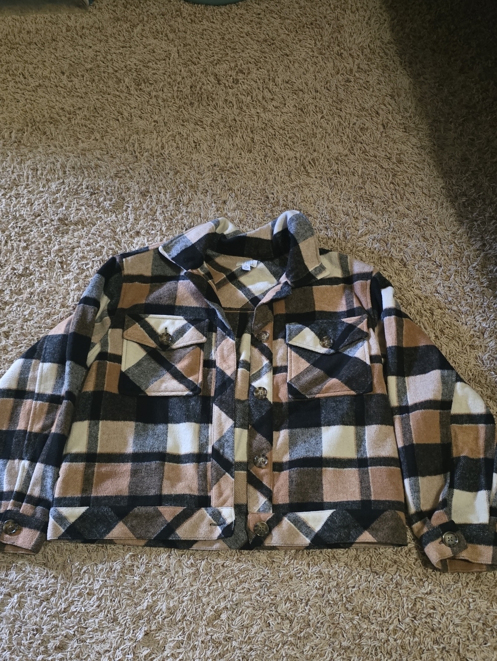 Time and Tru Girls Plaid Button-Front Shacket - Black, Cream & Brown